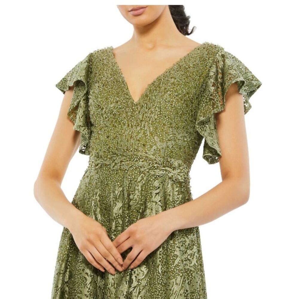 Mac Duggal 20310 Olive Green Embroidered Flutter Sleeve V Neck Gown 14 NEW $798 - Picture 9 of 14